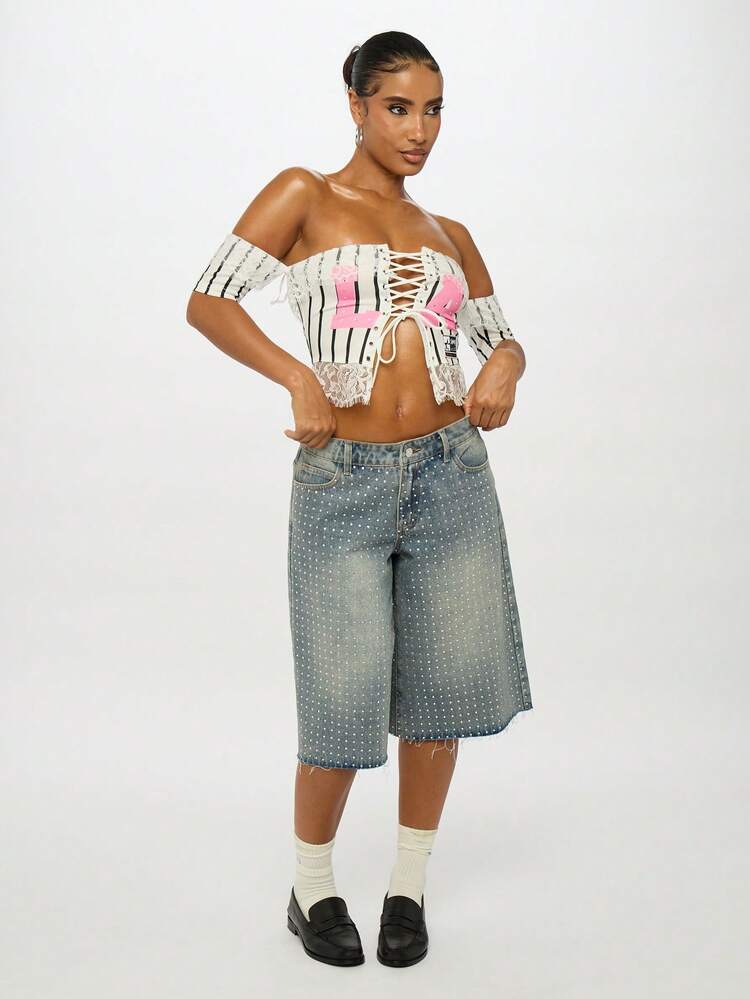 SUMWON WOMEN Striped Corset Top With Lace Trim And Piano Keys Design