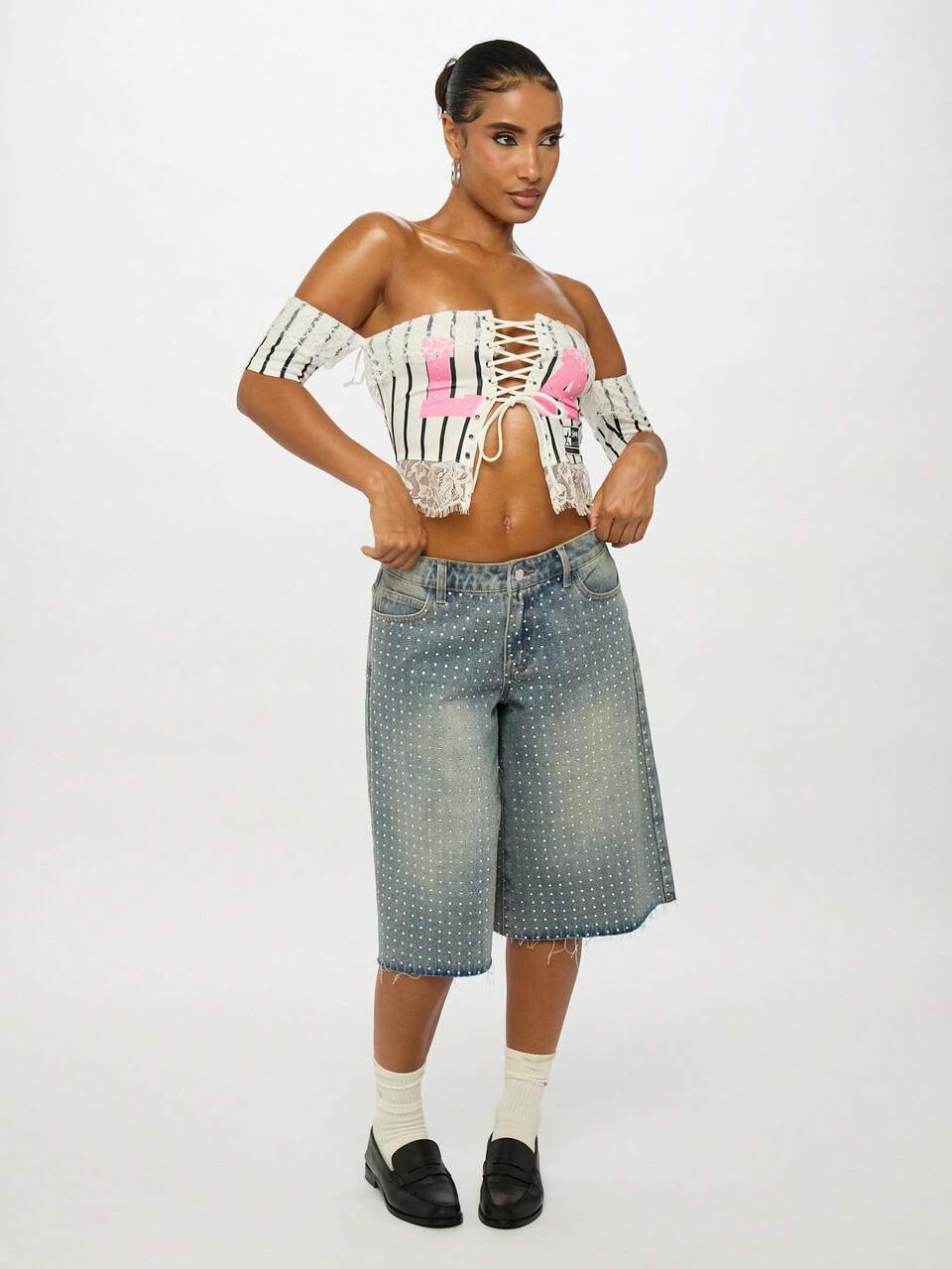 SUMWON WOMEN Striped Corset Top With Lace Trim And Piano Keys Design