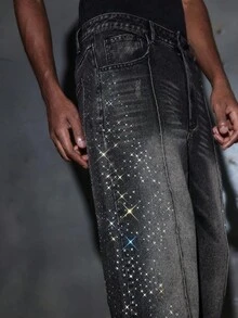 NEON BLANC Men's Rhinestone Embellished Flared Jeans, Fashionable Casual With Button Pockets - Black - View 4