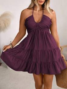 Ceyna 大码女式春夏单层竹结亚麻度假沙滩裙，褶皱褶边胸部分层飘逸连衣裙，可调节吊带蝴蝶结后背 - 紫紅色 - 查看 3