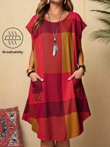 Rusticease 大码女式几何印花圆领短袖休闲宽松连衣裙 - 橘色 - 查看 3