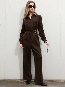 Aveloria Modichic 简约时尚高端通勤翻领隐形门襟收腰女式绒面革连身裤 - 咖啡棕 - 查看 6