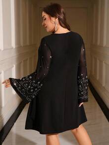 Reflora 大码女式优雅水钻连衣裙，适合秋冬季穿着 - 黑色 - 查看 3