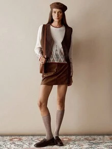 Florisole Áo len dệt kim cổ tròn tay raglan phối màu cổ điển - trắng - Xem 3