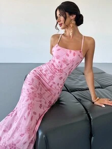 Firerie 女士优雅性感花卉亮片露背交叉肩带长裙，适合度假、约会、派对、毕业典礼、舞会 - 粉色 - 粉色 - 查看 8