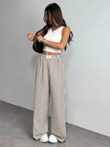 SHEIN PETITE 女士字母条纹宽腿宽松休闲裤