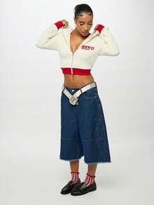 SUMWON WOMEN Wide Leg Baggy Denim Jorts With Raw Edge Hem Detail Casual Cutoff Bermuda Culottes Street Style Y2K Fashion Loose Fit Knee Length Relaxed Bottoms - Blue - View 4