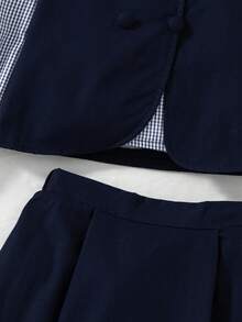 Tween Girl Plaid Patchwork Puff Sleeve Shirt And Mini Skirt Set Fall Winter - Blue - View 5