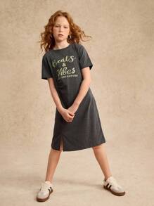 Tween Girls Dresses Spring And Summer Wildeya New Styles, Personalized Split Ruched Design Fluorescent English Letter Print Dark Grey T-Shirt Dress, Fashion Classic Suitable For Outdoor Activities And Daily Social Events - Dark Grey - View 3