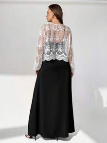 Auralis Plus Size Women's Autumn Fashion Casual Loose Comfortable Basic Daily Versatile White Lace Crop Top And Black Vest Long Skirt Two-Piece Set, Autumn Clothing, Women's Casual Suit, Going Out Clothing, Office Wear, Elegant, Business Casual, Everyday Wear - Black and White - View 2
