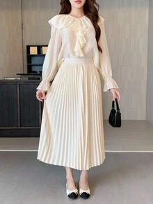 Váy xếp ly đơn sắc, cơ bản, thanh lịch, đa năng cho bé gái tuổi teen, mùa xuân, mùa hè và mùa thu - Màu be - Xem 3