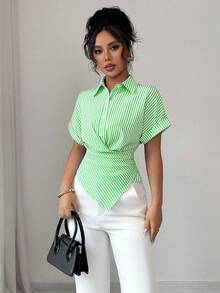 Elenzga 女士休闲通勤条纹系腰衬衫，夏季 - 綠色 - 查看 4