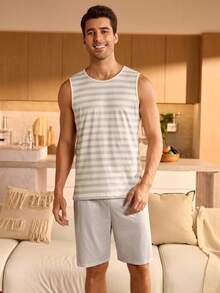 Manfinity Underwear&Sleepwear Basics 男士休闲条纹印花无袖上衣和短裤睡衣套装 - 彩色 - 查看 3