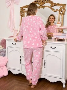 SweetSlumber Women Heart-Shaped Plush Fluffy Pajama Set, Long Sleeve Top & Long Pants Heart Cute Comfy Fluffy Pajama Set, Fall Winter Clothes, Cozy Outfit - Pink - View 2