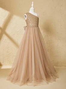 Flower Girl & Big Girl High-End One Shoulder Sequin Contrast Mesh Back Bow Long Dress, Suitable For Wedding, Christmas, Halloween, Performance, Prom, Birthday Party, Back To School, Graduation Fall Winter - Champagne - View 5
