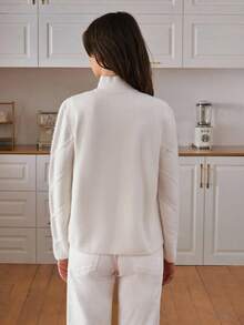 EURMUSE Damen einfarbige Strickjacke aus haarigem Garn mit Reißverschluss - Creme - Übersicht 2