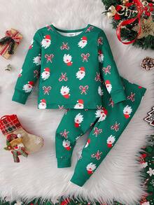 适合幼儿男孩的舒适睡衣套装，长袖上衣和裤子，圣诞主题棒棒糖和蝴蝶结印花，日常家居服 - 綠色 - 查看 3
