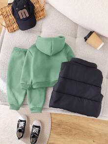 3 Stück/Set Baby Jungen/Mädchen Lässig Schwarze Weste Jacke, Grüner Kapuzenpullover, und Hose 3-teiliges Outfit Set, geeignet für Herbst/Winter