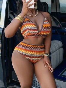 Slaydiva Plus Size Women's Drawstring Triangle Bikini Top And Regular Shorts Swimsuit Set, Summer Beach - Multicolor - View 4