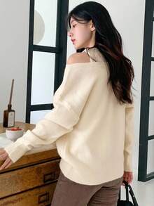 DAZY 2 件套女士纯色圆领吊带背心和不对称领长袖毛衣套装秋季 - 米色 - 查看 5