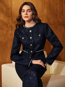 Anewsta Women's Vintage Round Neck Tweed Sequin Tassel Pearl Knit Elegant Metal Button Waist Long Sleeve Christmas Short Jacket - Navy Blue - View 7