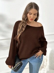 SHEIN Essnce Quần áo nữ cỡ lớn mùa thu mùa thu Quần áo nữ thời trang mới thường ngày đi làm vải chải thường ngày màu trơn màu xanh nước biển rộng rãi mặc nhiều lần (một bên vai, vai xiên, vai thường) Áo len dệt kim, áo len chui đầu hở vai, áo dài tay hở vai, áo len nữ mùa thu, - màu nâu - Xem 5