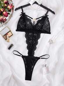 SHEIN 1 件梦幻优雅蕾丝蝴蝶结金属心形扣性感紧身衣，适合女性外出穿着 - 黑色 - 查看 3