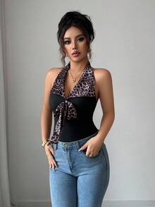 Elenzga Sleeveless Fabric Patchwork Korean Velvet Leopard Print Tie Bow Elegant Romantic Delicate Women Tank Top