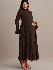 MaterniChic 孕妇纯色立领插肩袖荷叶边下摆时尚连衣裙 - 棕色 - 查看 3