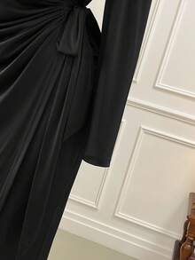 Rometta Váy dự tiệc mùa thu lấy cảm hứng từ phong cách Gothic cao cấp thanh lịch dành cho nữ cỡ lớn, váy dài tay màu đen, cổ chữ V ôm sát, thắt eo - màu đen - Xem 3