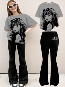 SHEIN Bộ 2 món/Bộ đồ áo thun họa tiết rộng rãi màu xám than và đen kèm quần ống rộng, họa tiết cô gái anime dạo phố, thích hợp cho các buổi đi chơi mùa hè, thoải mái dễ chịu, nhiều lớp quần áo mùa thu, trẻ em thời trang, trang phục thường ngày, quần áo họa tiết trẻ em, trở lại trường, quần áo mùa thu, dạ hội - Nhiều màu - Xem 1