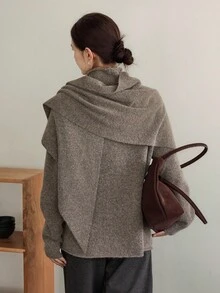 Dazy-Less 女士宽松商务休闲斗篷式针织毛衣套装，适合秋冬季办公室穿着 - 棕色 - 查看 7