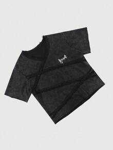 ROMWE MEN Goth 男士美式哥特街头风格拼接雪洗短袖T恤 - 黑色 - 查看 6