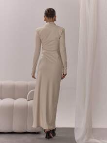 MUSERA 交叉领口褶皱裹身开衩长裙，优雅性感，适合夜晚外出、婚礼宾客、度假、秋季叠穿派对、感恩节、时尚新娘、单身派对、告别单身派对等场合。 - 卡其色 - 查看 2