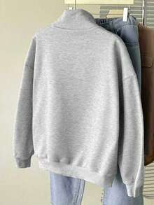 SHEIN 秋季大码女式休闲拉链落肩骑士印花卫衣 - 灰色 - 查看 2