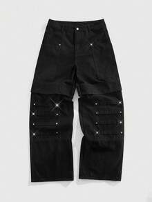 ROMWE MEN Street Life 男士时尚百搭铆钉装饰宽松牛仔裤 - 黑色 - 查看 7