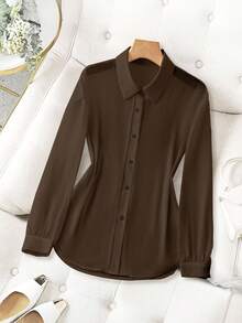 Franclia Camisa minimalista transparente de color sólido con cuello vuelto - Marrón - Ver 3