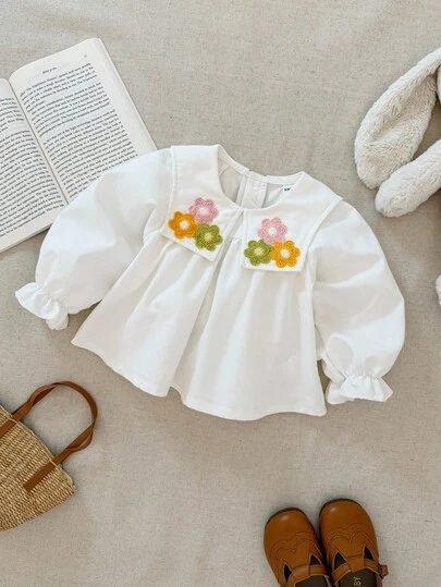Blossori 女婴法式优雅3D花卉装饰翻领衬衫
