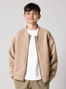 SHEIN 幼儿男童休闲百搭加厚连帽夹克运动衫，适合上学、花园、生日、春季、夏季、秋季、冬季、复古 - 卡其色 - 查看 2