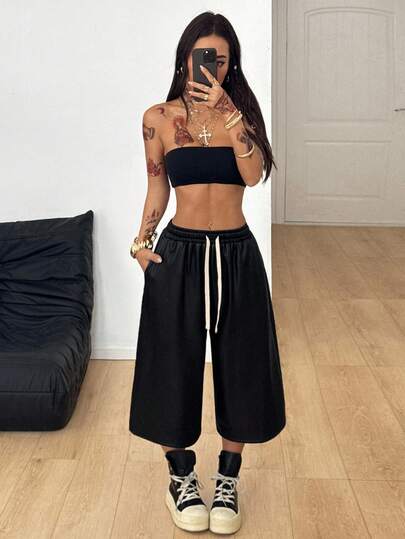 Coolane Women's & Men's Fall  Streetwear Vintage Casual Back To School Daily Wear Comfortable Low Rise Leather Black Shorts