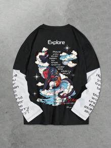 ROMWE MEN Anime Men's Black & White 2 In 1 Long Sleeve T-Shirt, Casual & Comfortable, Autumn/Winter, Starry Cat Print - Black and White - View 2