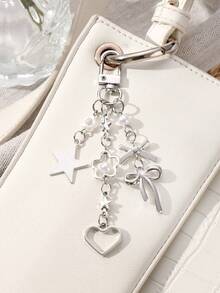 ROMWE Kawaii 1 件 Y2K 极简主义高端银蝴蝶仿珍珠镂空心形星形编织蝴蝶结 DIY 钥匙扣包饰，适合女士/女孩日常佩戴，节日礼物 - 銀白色 - 查看 3