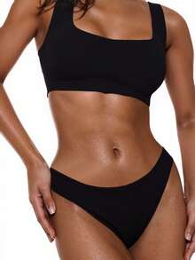 Swim Basics Summer Beach Rib Bikini Set Full Coverage Bikini Set - Black - View 1