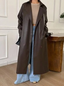 Livesso 秋冬新款宽松休闲加厚优雅重磅PU长款女式常规夹克皮夹克女式外套