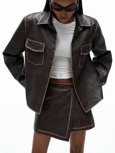 Aveloria GENKIRA 2pcs Brown Distressed Washed PU Leather Suit: Classic Collared Top With Symmetrical Chest Pockets & Asymmetric Hem Mini Skirt Fall Cloth For Women