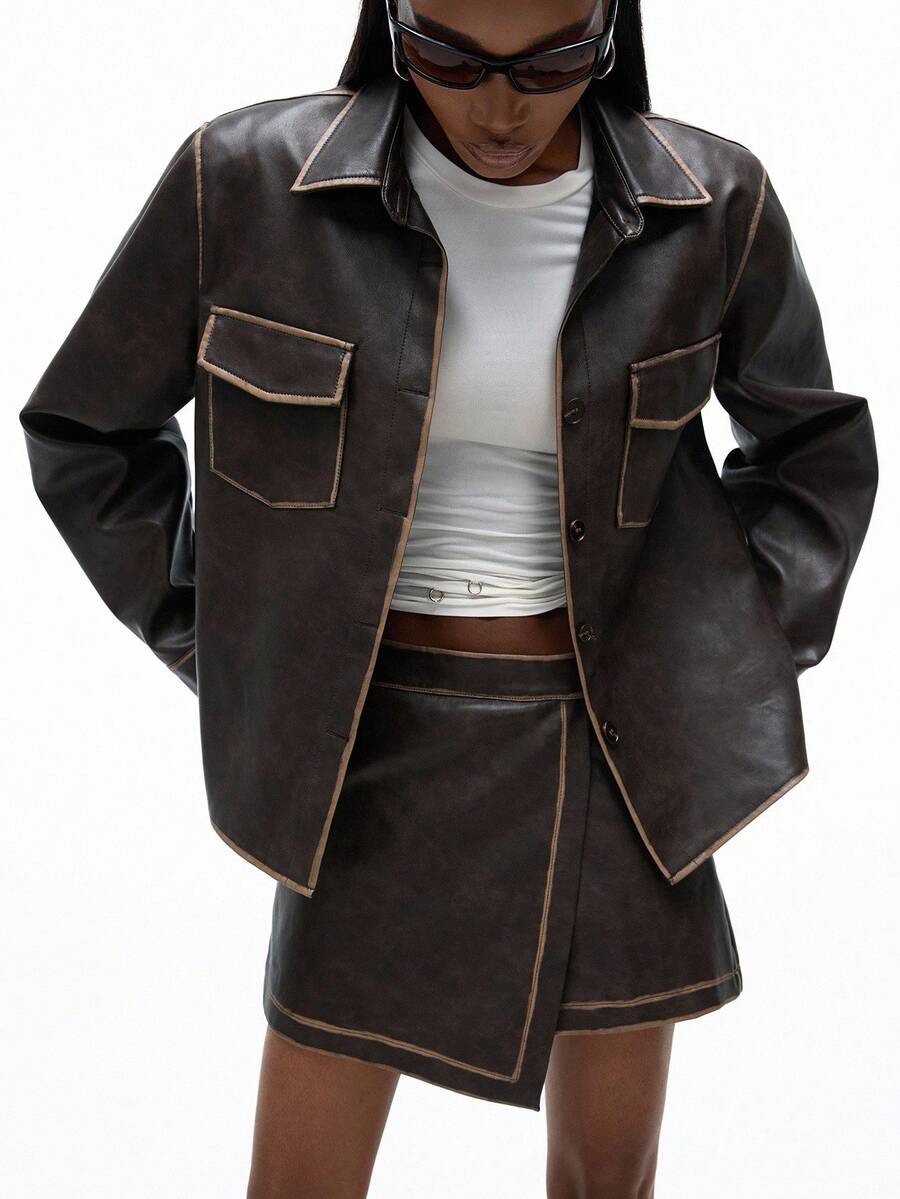 Aveloria GENKIRA 2pcs Brown Distressed Washed PU Leather Suit: Classic Collared Top With Symmetrical Chest Pockets & Asymmetric Hem Mini Skirt Fall Cloth For Women - Brown - View 1