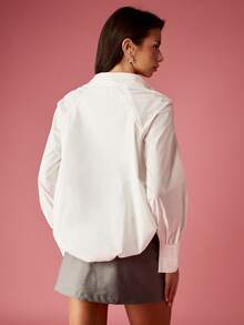 MISSGUIDED Crop Button Down Collared Blouse Long Sleeve White Bubble Hem Shirt High Waist Asymmetric Design Fashion Top Elegant Office Style Business Casual - White - View 2