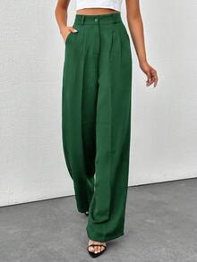 SHEIN Tall Tall Women's Solid Color High Waisted Wide Leg Pants Green Pants For Women High Waist Pants Pleated Pants Emerald Green Pants Pleated Wide Leg Pants - Green - View 3