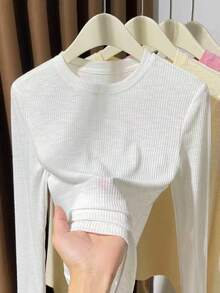 SHEIN LUNE New Soft & Comfortable Round Neck White Long Sleeve Women T-Shirt - White - View 3