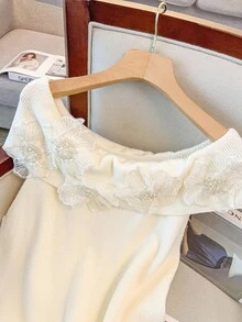 GlowEve CURVE Plus Size Women's Elegant Off Shoulder Embellished Knit Top - Beige - View 4